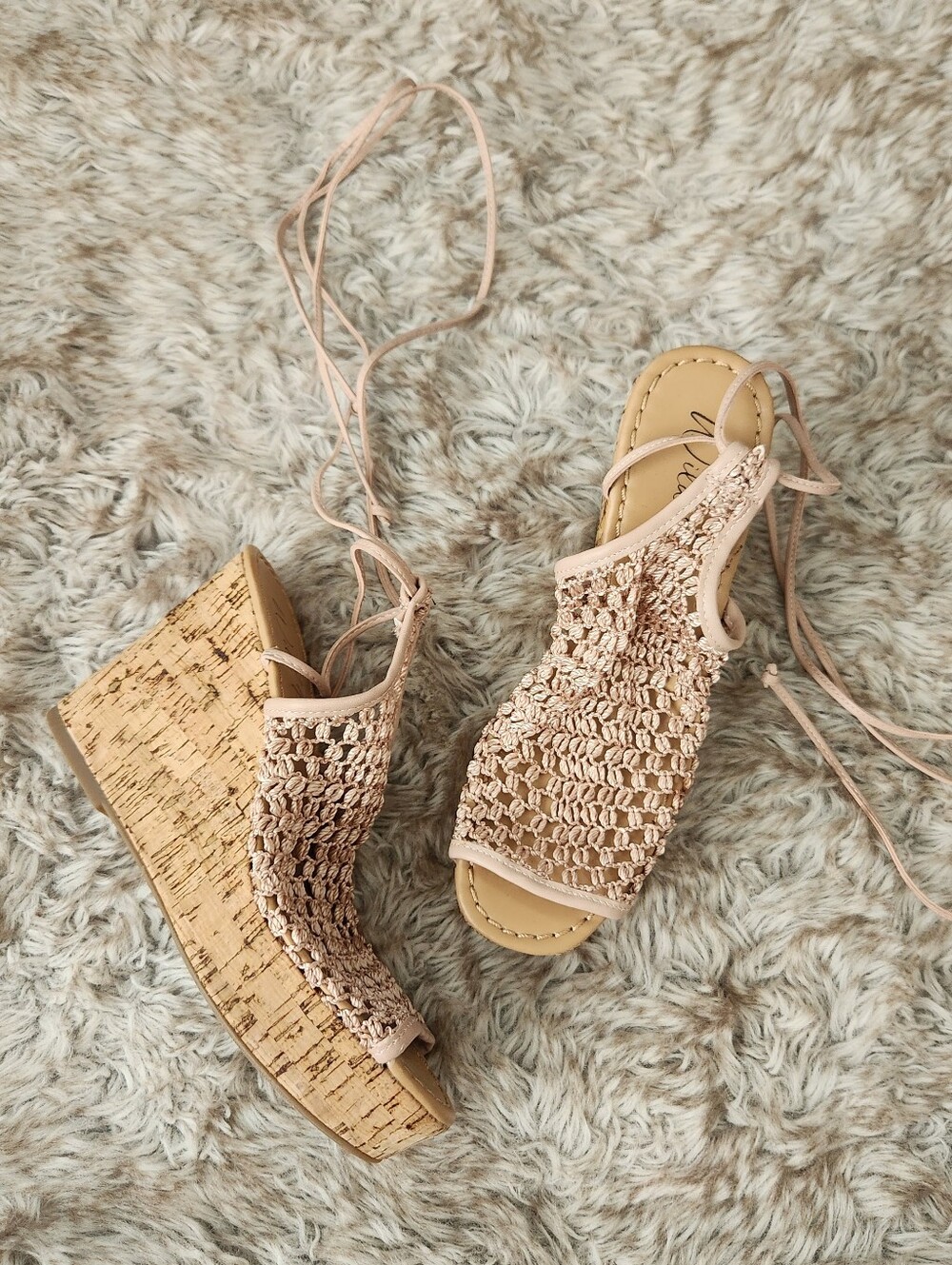 Wild Pair Haylinn Beige Crochet Cork Wedge Lace-Up Sandals Women's Size 6.5